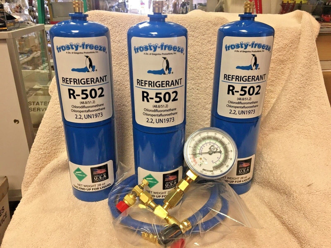 R502, 502, R-502, Recharge Kit, (3) 28 oz. Cans, Check & Charge-It Gauge & Hose