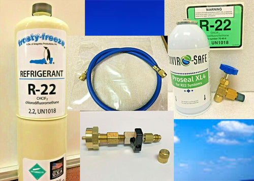 r22NEW Refrigerant22 AC & R Pro Recharge Kit, 15oz. Can & Leak Stop Hose Tapers