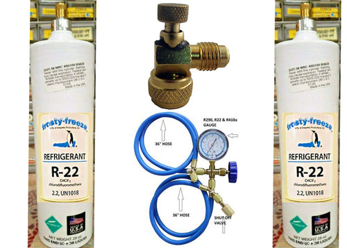 R22NEW, (2) 28 oz. cans professional recharge & service Kit, hoses, gauge