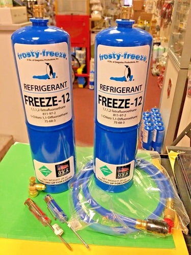 Freeze 12, R12, R-12 Alternate, No CFC'S, (2) 28 oz. Cans, On/Off Valve & Hose