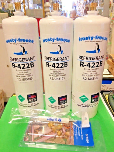 Refrigerant R422B, Three 28 oz. Cans, R22 Replacement, Top-Mount On/Off Valve & Malco Tool