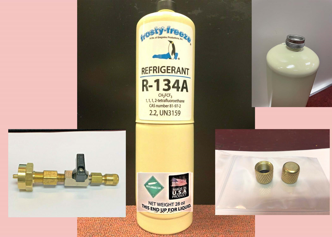 R134, R-134a, Refrigerant, LARGE CAN, 28 oz. Includes Dispenser & 2 Brass Caps