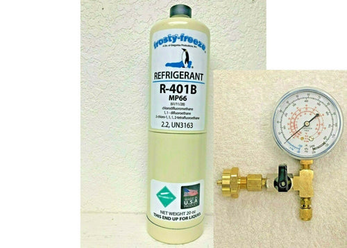 R401b, MP66, Refrigerant Coolers, Freezers, 20 oz Disposable, CGA-600 Top Fitting Gauge