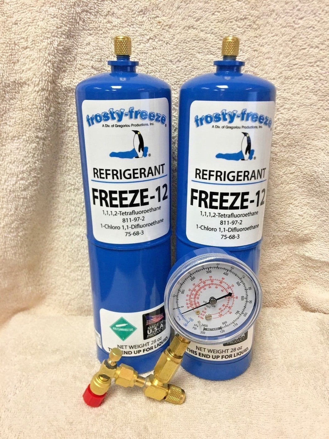 FREEZE 12, R-12, R12 REPLACEMENT, NO CFC'S,(2) 28 oz. Cans, Gauge, On/Off Valve