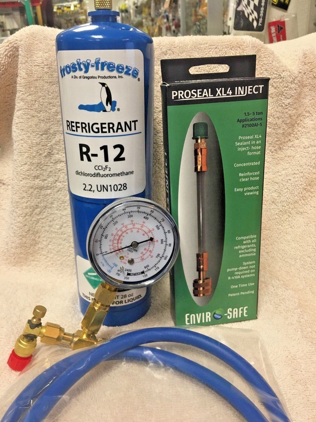 R12, Refrigerant 12, Virgin R-12, 28 oz Can Gauge, Hose, With Pro-Seal Leak Stop