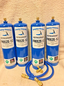 FREEZE 12, R-12, R12 REPLACEMENT, NO CFC'S,(4) 28 oz. Cans, On/Off Valve, Hose