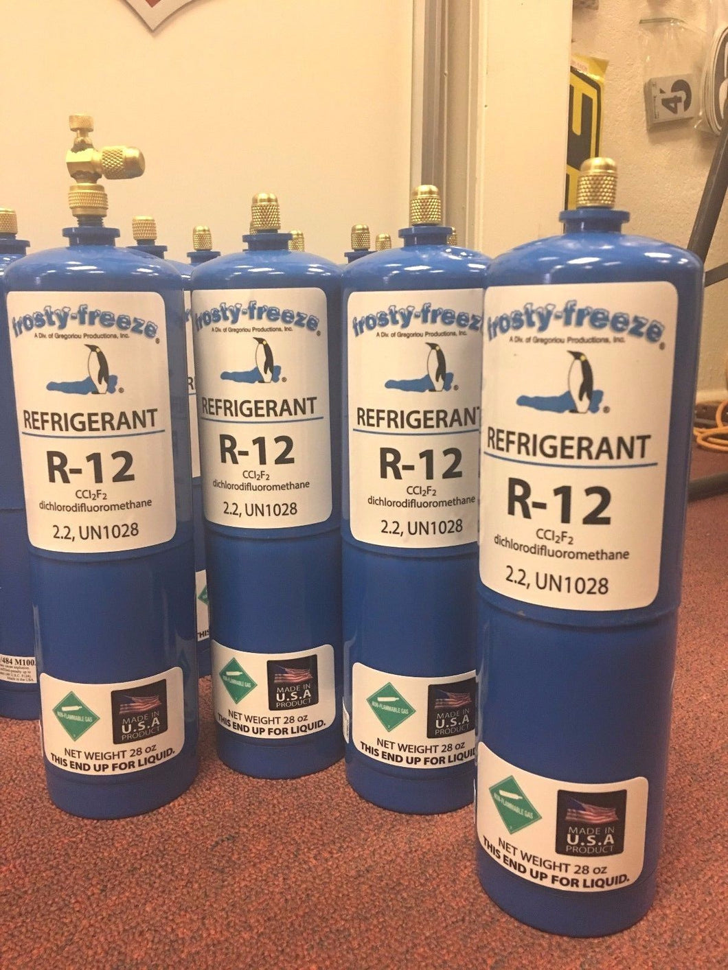 R12, Refrigerant 12, Virgin Pure R-12, (4) 28 oz. Cans On/Off Valve, 7 lbs.