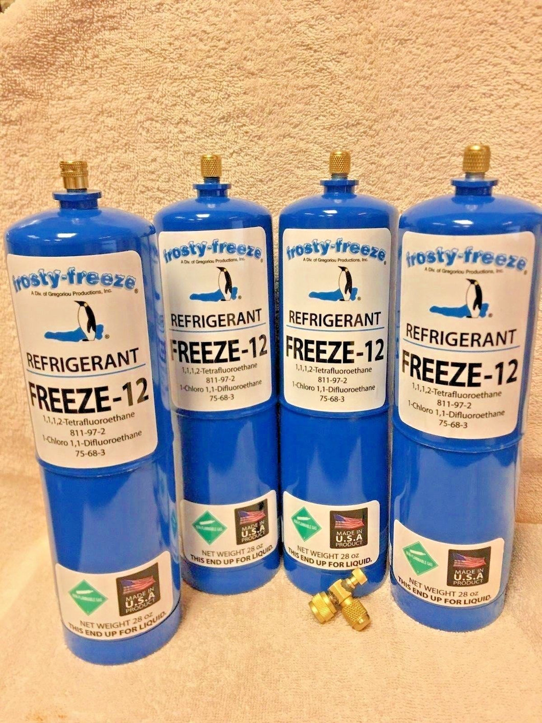 FREEZE 12, R-12, R12 REPLACEMENT, NO CFC'S,(4) 28 oz. Cans, On/Off Valve