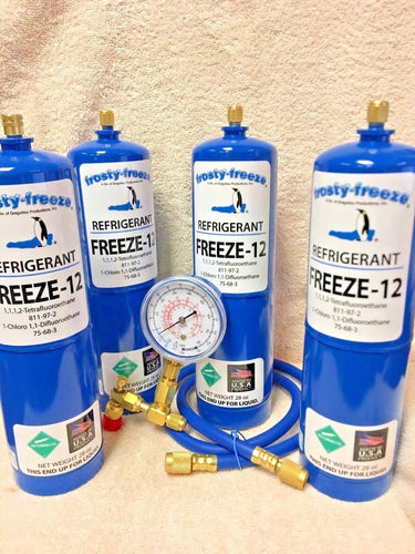 FREEZE 12, R-12, R12 REPLACEMENT, NO CFC'S,(4) 28 oz. Cans, Gauge, Valve & Hose