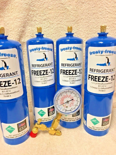 FREEZE 12, R-12, R12 REPLACEMENT, NO CFC'S,(4) 28 oz. Cans, Gauge, On/Off Valve