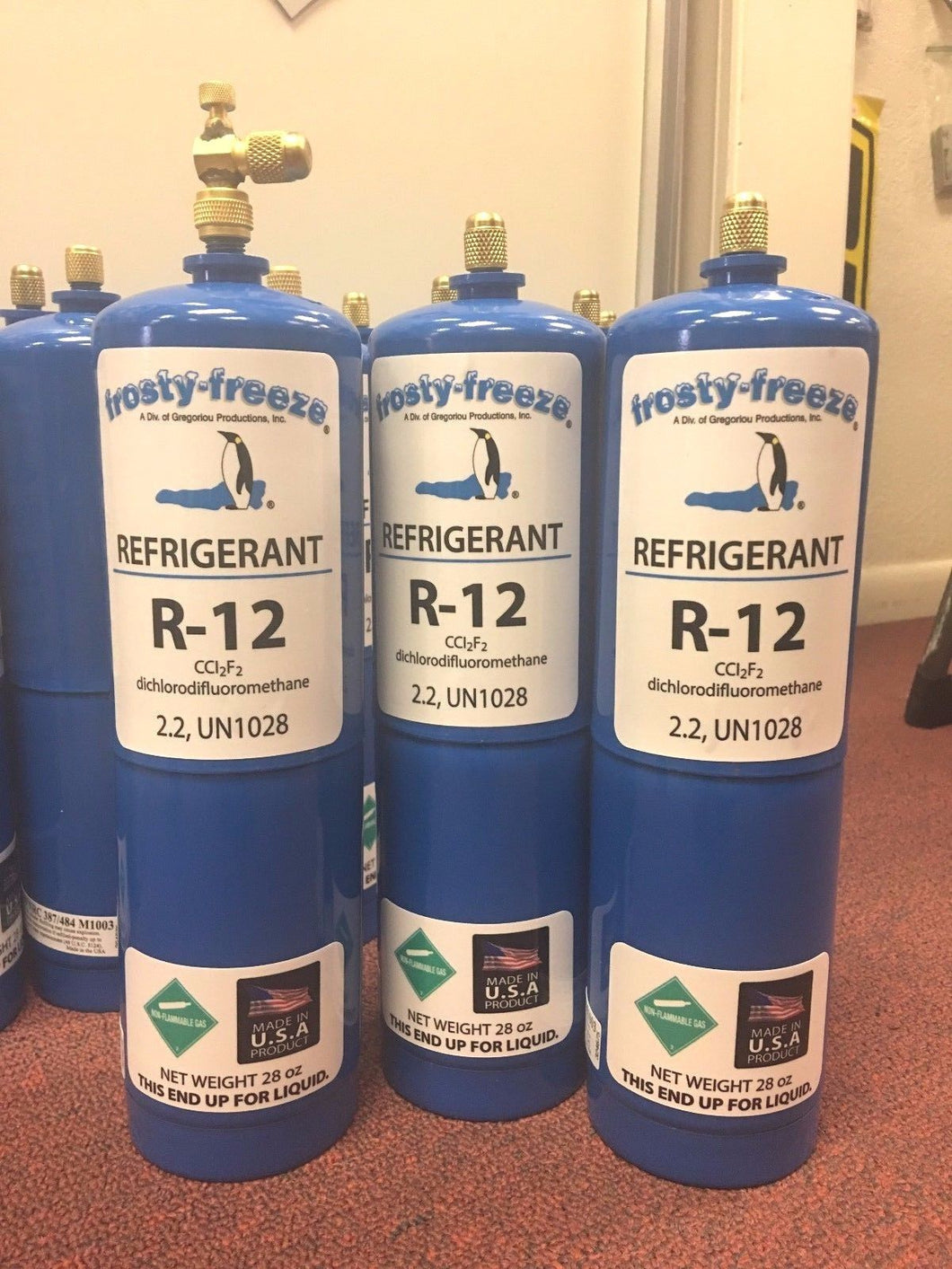 R12, Refrigerant 12, Virgin Pure R-12, (3) 28 oz. Cans On/Off Valve, 5.25 lbs.
