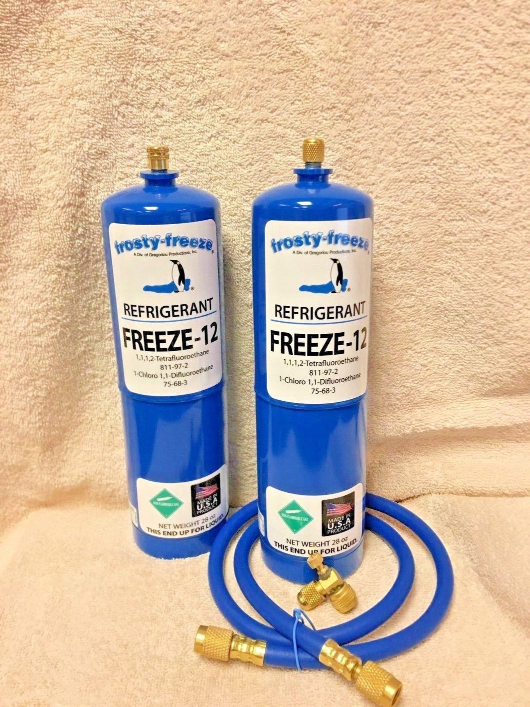 FREEZE 12, R-12, R12 REPLACEMENT, NO CFC'S,(2) 28 oz. Cans, On/Off Valve, Hose