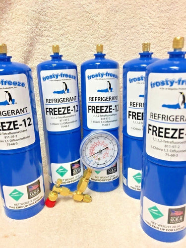 FREEZE 12, R-12, R12 REPLACEMENT, NO CFC'S,(5) 28 oz. Cans, Gauge, On/Off Valve