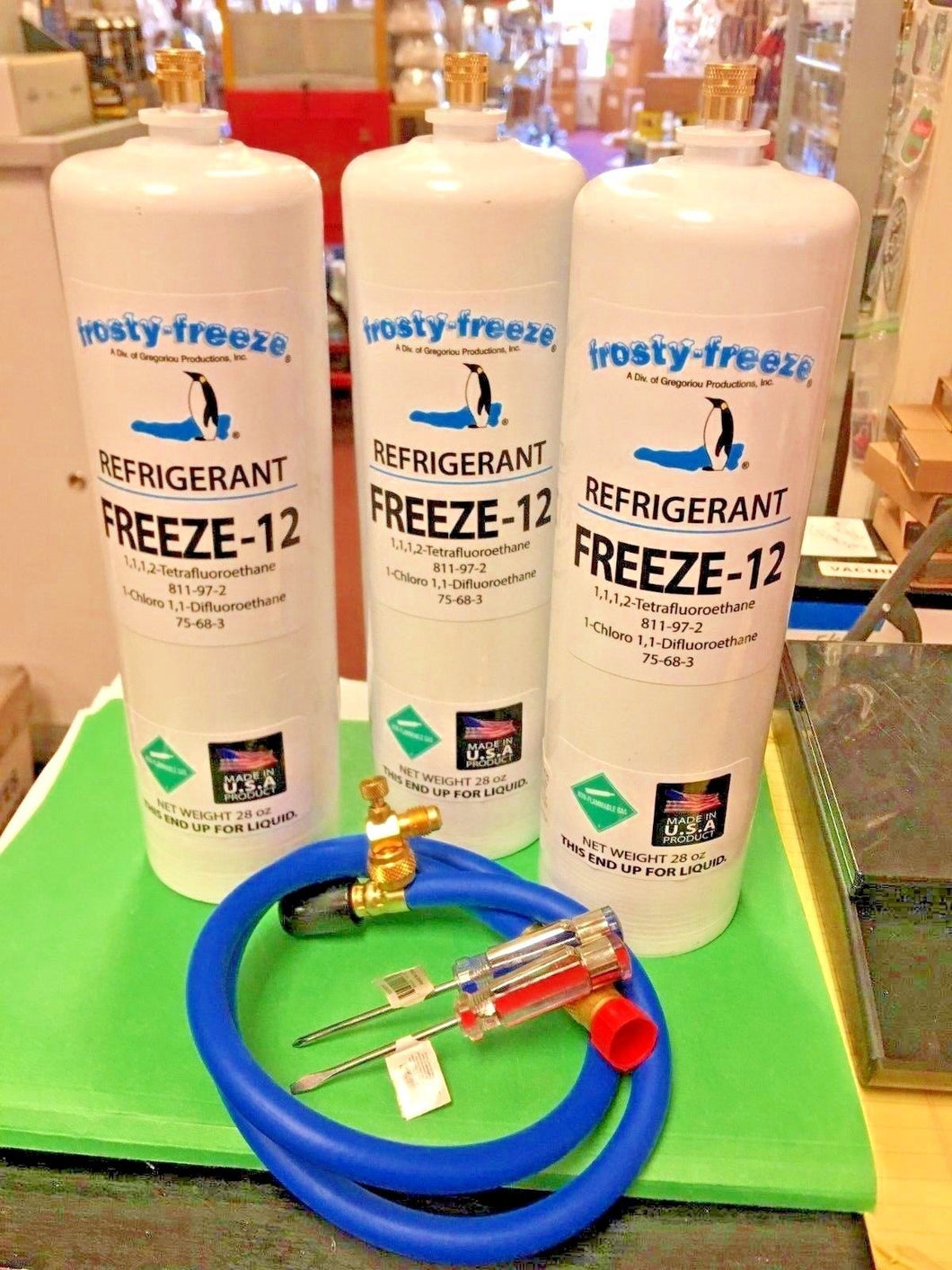 Refrigerant Freeze 12, R-12, R12 Replacement, Three 28 oz. Cans, Hose & Valve
