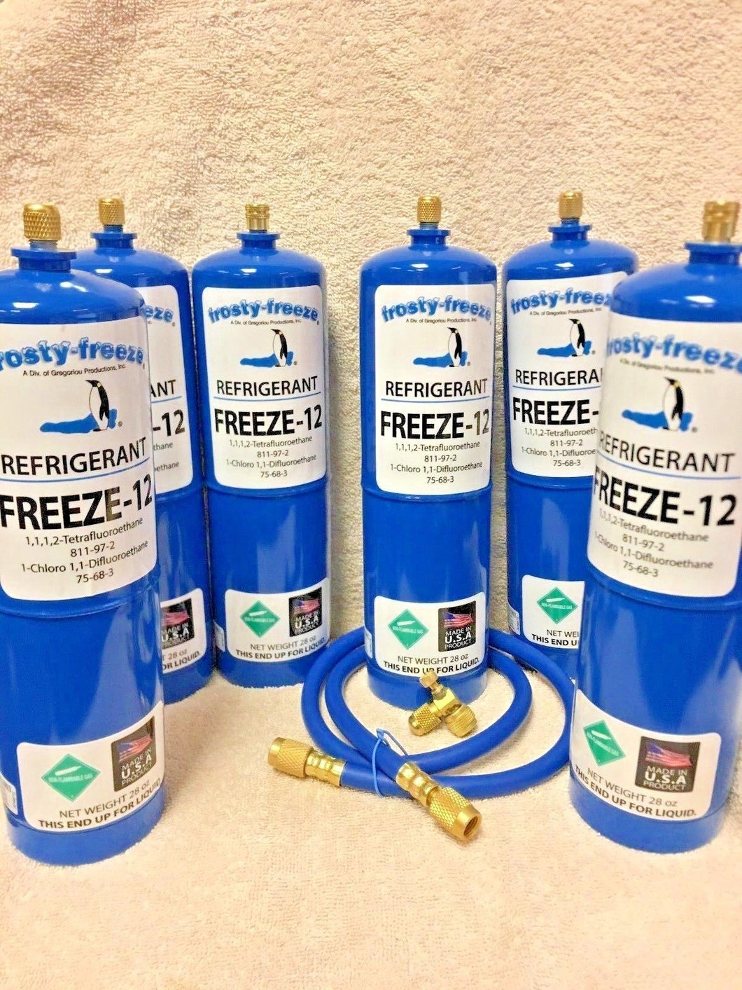 FREEZE 12, R-12, R12 REPLACEMENT, NO CFC'S,(6) 28 oz. Cans, On/Off Valve, Hose