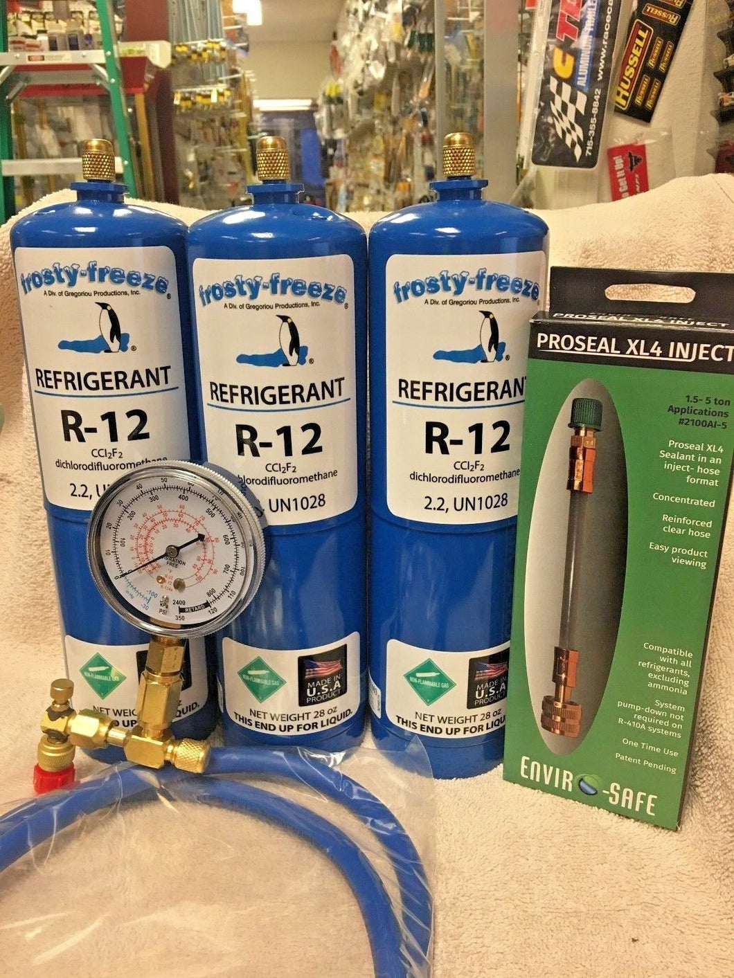 R12, Refrigerant 12, Virgin R-12, 3 Cans Gauge, Hose Pro-Seal XL4 Stop Leak Kit