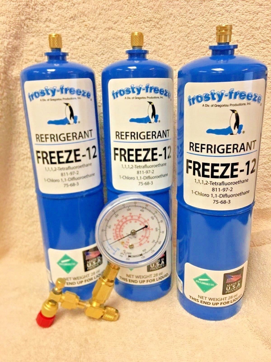 FREEZE 12, R-12, R12 REPLACEMENT, NO CFC'S,(3) 28 oz. Cans, Gauge, On/Off Valve
