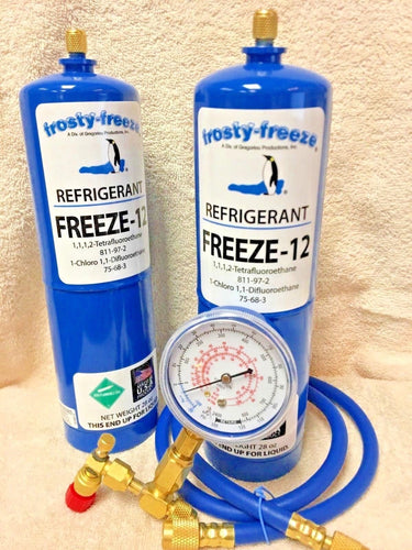 FREEZE 12, R-12, R12 REPLACEMENT, NO CFC'S,(2) 28 oz. Cans, Gauge, Valve & Hose