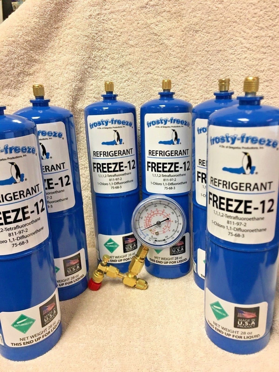 FREEZE 12, R-12, R12 REPLACEMENT, NO CFC'S,(6) 28 oz. Cans, Gauge, On/Off Valve