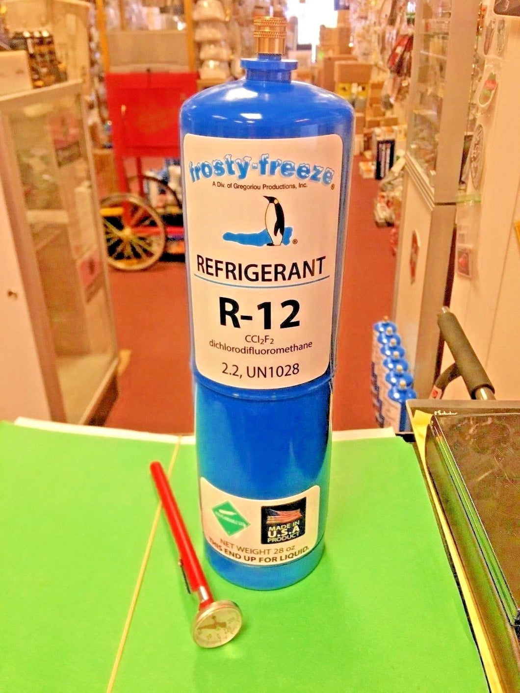 R12, Refrigerant 12, 28 oz. Disposable Can, Pocket Thermometer