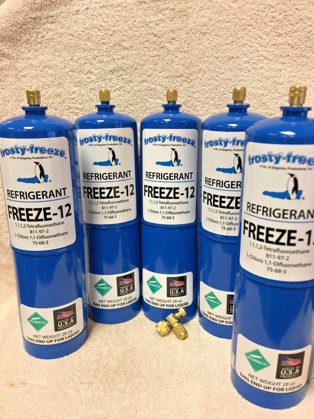 FREEZE 12, R-12, R12 REPLACEMENT, NO CFC'S,(5) 28 oz. Cans, On/Off Valve